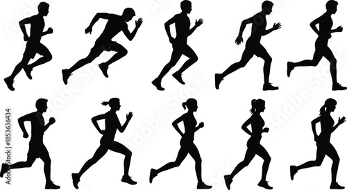 Running men and women silhouette set, sprinting and jogging athletic action poses, fitness sport black vector people isolated background