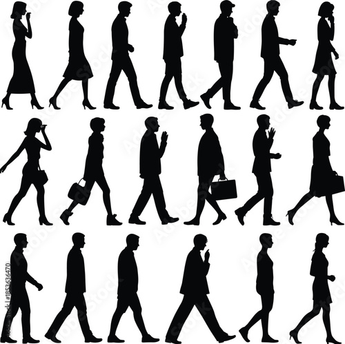 Business people walking silhouette set, male female office professionals movement poses, black vector illustration, corporate lifestyle concept, isolated on white background