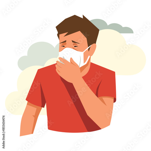 Man coughing because of air pollution vector illustration ideal for environmental health awareness respiratory protection education or urban pollution themed designs