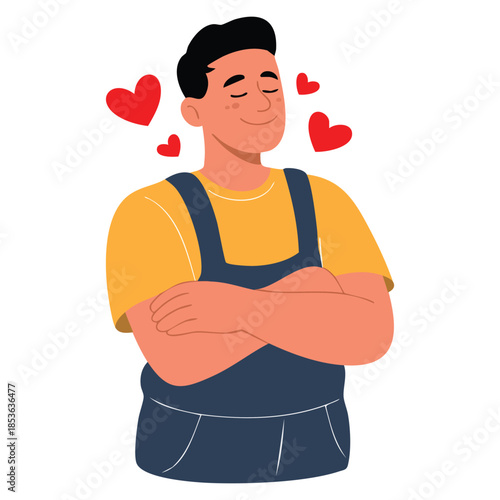 Man character self love vector illustration admiring himself delighted with appearance perfect for heart themed confidence inspiration and motivational artwork