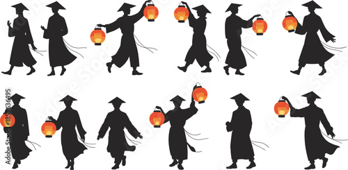 Traditional Asian silhouettes holding lanterns, cultural festival procession, people in traditional clothing walking, black figures with glowing lanterns isolated white background