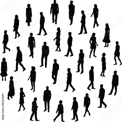 Crowd of people silhouettes walking in different directions, men and women figures, urban pedestrian movement isolated on white background set