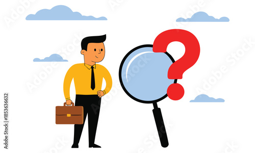 Man holding magnifying glass examining question marks representing frequently asked question concept search for answers in a clear vector illustration
