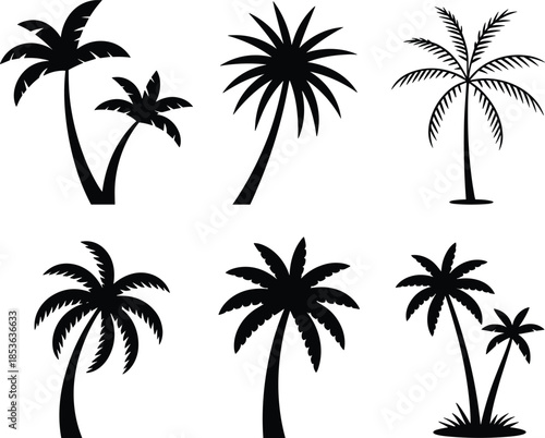 Palm tree silhouette collection tropical summer nature icons set isolated on white background for beach travel design illustration