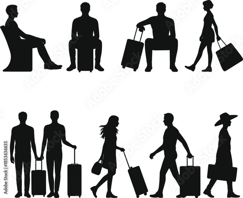 Travel silhouette vector, walking people with luggage, seated figures clipart, airport poses, black isolated illustration set