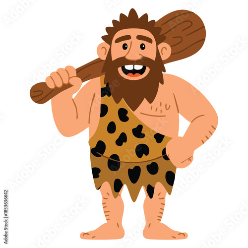 Man in cartoon style with cudgel representing early Homo Sapiens troglodyte wearing animal pelt living in stone age vector illustration for primitive theme