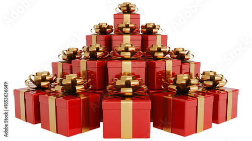 Luxury gifts stacked high with gold ribbons and bows