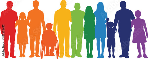 Diverse people silhouette group, colorful human figures including wheelchair user, inclusion equality diversity concept, community teamwork illustration isolated white background