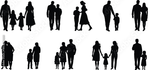 Family silhouette collection, parents walking with children, mother father kids together, happy family bonding concept, black vector illustration isolated white