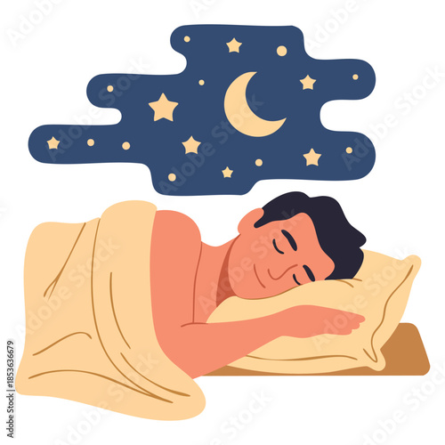 Man sleeping in his bed at night vector illustration isolated on white background perfect for sleep, bedtime, relaxation, and health awareness themed designs