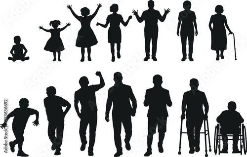 Human life cycle silhouette, age progression vector, baby to elderly figure, black clipart set, isolated people illustration