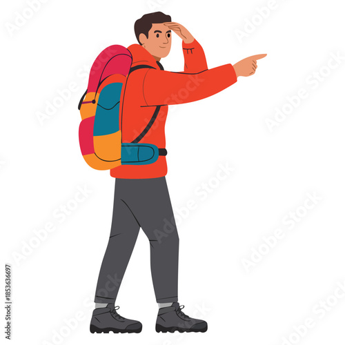 Man with backpack pointing with finger hiking adventures travel camping backpacking trip or expedition vector illustration perfect for outdoor adventure themes