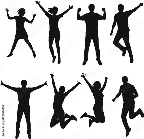 Jumping people silhouette collection expressing happiness, success and celebration poses, energetic men and women black vector figures isolated