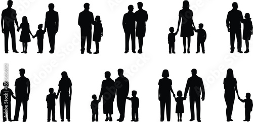 Family people silhouette set, parents and children standing together holding hands, mother father kids black vector figures isolated background