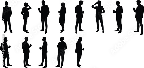 Business people silhouette set, professional men women holding coffee cups, casual office standing poses, corporate lifestyle teamwork concept