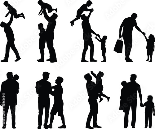 Father and child silhouette collection showing family moments, playing, walking, carrying kids, black human figures isolated on white background