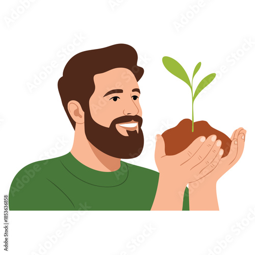 Man with hands that hold the soil with a seedling vector illustration showing gardening growth nature care planting environmental nurturing and green life beginning