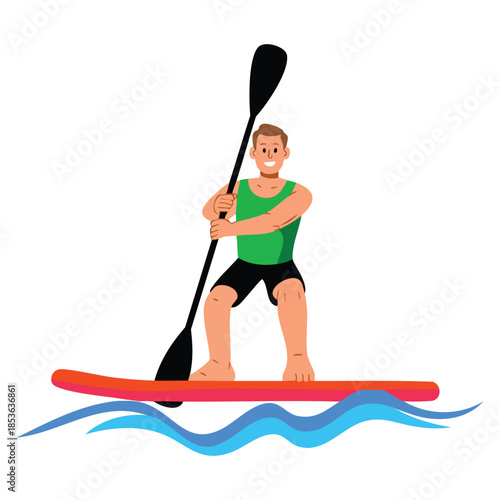 Man with oar standing on surfboard vector illustration water sport activity perfect for surfing outdoor adventure recreational sports and summer vacation themed designs