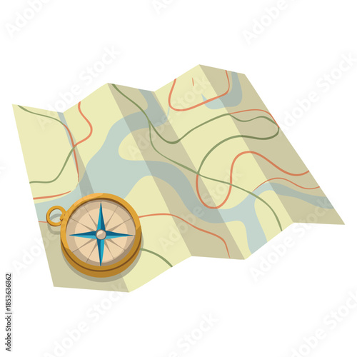 Map and compass camping kit vector illustration ideal for orientation, hiking, navigation, outdoor adventure, travel or survival creative graphic projects