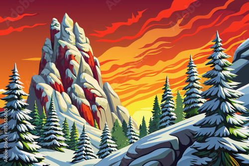 Snow covered cedar trees grow along a mountain slope, blending rugged terrain with evergreen textures and strong alpine winter atmosphere