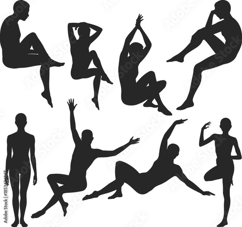 Human gesture silhouette vector, expressive poses clipart, black figure set, seated and standing posture, isolated people illustration
