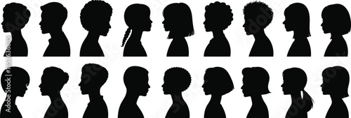 People profile silhouette set, male female head side view portraits, diverse human faces, black vector collection, identity avatar design, isolated on white background