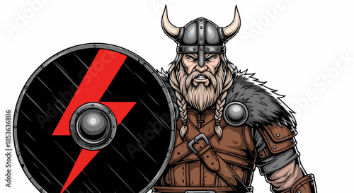 Viking warrior with shield, wearing horned helmet and fur-lined cloak.