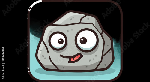 Cartoon rock with a face and tongue sticking out, set against a blue background.
