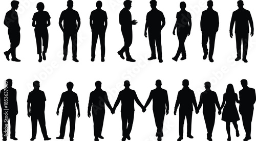 Standing and walking people silhouette set, men and women casual poses collection, black vector human figures isolated on white background
