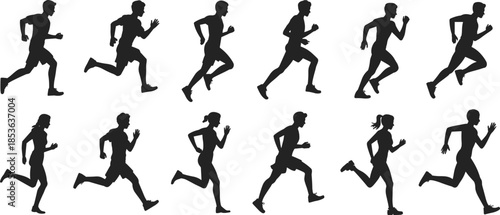 Running men and women silhouette set, jogging sprinting athletic poses collection, fitness sport activity black vector people isolated background