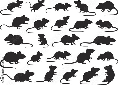 Rat mouse silhouettes big collection isolated on white background, black rodent action poses set for design, vector illustration, clipart