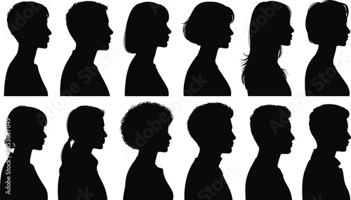 Human head profile silhouettes set, male and female faces side view, people portrait collection, black vector illustration isolated white