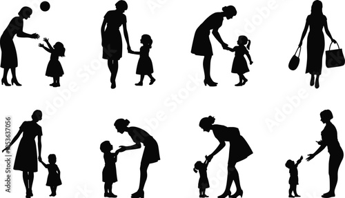 Mother and child silhouette collection showing parenting moments, family care, love, bonding, daily activities, motherhood, childhood illustration vector set