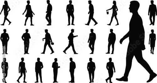 Walking people silhouettes set isolated on white background, male and female casual motion poses collection for lifestyle, business, vector illustration