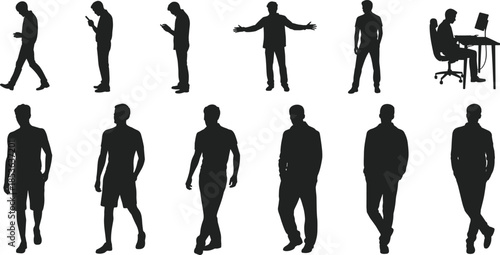 Men silhouette activity set, standing walking phone use and office work poses, casual male lifestyle black vector figures isolated