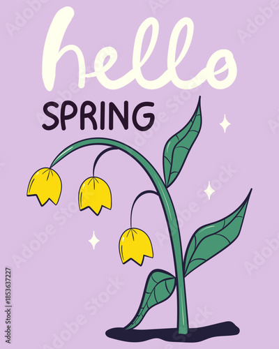 Hello spring greeting card invitation with bright flowers. Floral springtime hand drawn illustration.