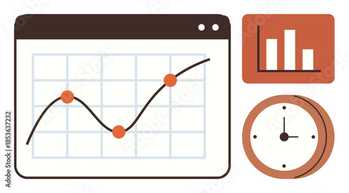 Line chart with plotted points inside a browser window, bar graph, and clock. Ideal for data tracking, analysis, productivity, planning, time management insights performance. Simple flat metaphor