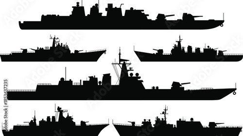Modern naval warship silhouettes set, military destroyer cruiser battleship profiles, navy fleet vector illustration isolated white background on clean canvas