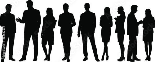 Business people silhouettes standing together, men and women professionals conversation poses, corporate teamwork leadership concept illustration vector