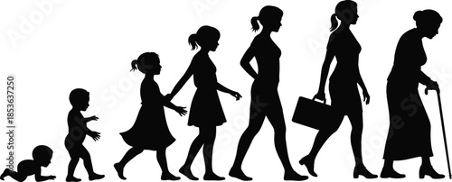 Human life stages silhouettes from baby to elderly woman, female growth and aging process, generations evolution isolated on white background set