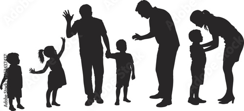 Happy family silhouettes with parents and children interacting, parenting and childhood moments concept, black silhouettes isolated on white background