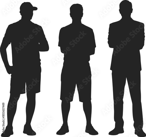 Three male silhouettes standing together, casual and business men poses, human figures collection, black silhouettes isolated on white background
