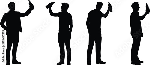 Man holding bottle silhouette poses set, male standing drinking gesture figures, black vector people isolated on white background illustration