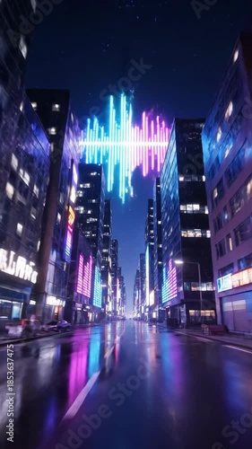 Vibrant Neon Cityscape at Night with Sound Wave Visualization Above Buildings Reflecting on Wet Streets