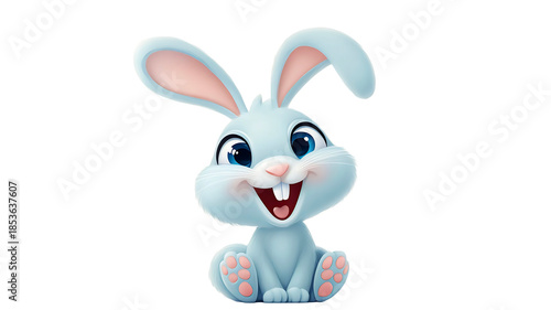 Smiling blue cartoon rabbit with pink ears and paws isolated on a transparent background