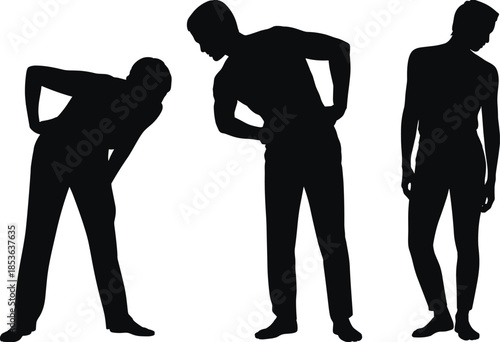 Black silhouette man with back pain and posture problems, body ache concept, health issue illustration, minimalist human figure design