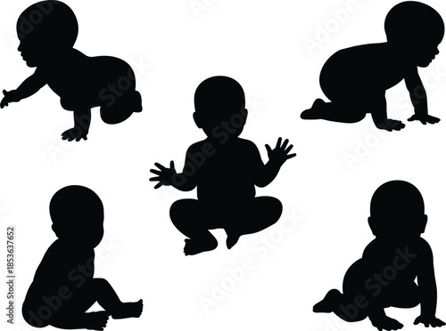 Baby silhouette poses collection showing crawling and sitting infants, black child figures isolated on white background for design use projects