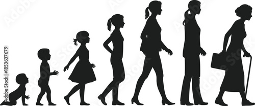 Female life stages silhouette from baby crawling to elderly woman with cane, human aging and growth concept isolated on white background