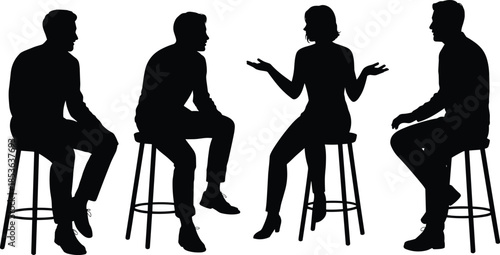 People talking silhouette set, men and woman sitting on stools, conversation discussion concept, teamwork communication vector illustration isolated white