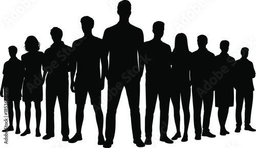 Group of people silhouettes standing together, diverse men women crowd concept, teamwork society leadership unity illustration vector